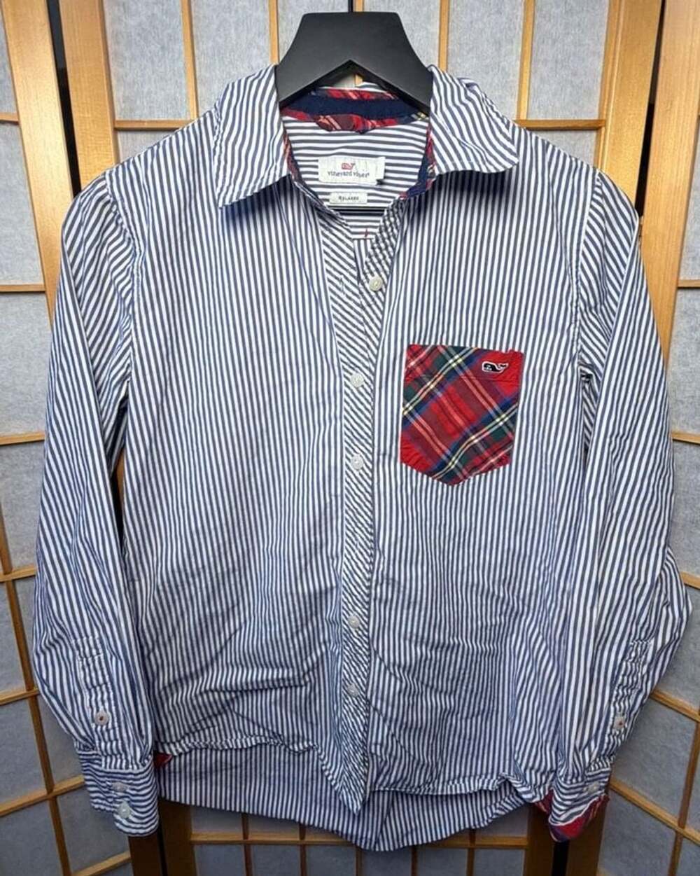 Vineyard Vines Relaxed Button Up Shirt Size 0 Blue Striped Plaid Pocket